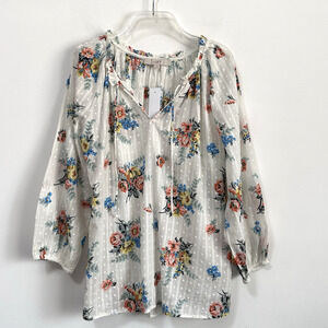 LOFT Garden Floral Ruffle Tie Neck Blouse M 3/4 Sleeves White Swiss Dot‎ NEW